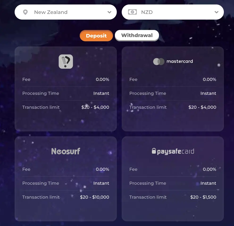 Wazamba deposit options Mastercard, Neosurf, Paysafecard